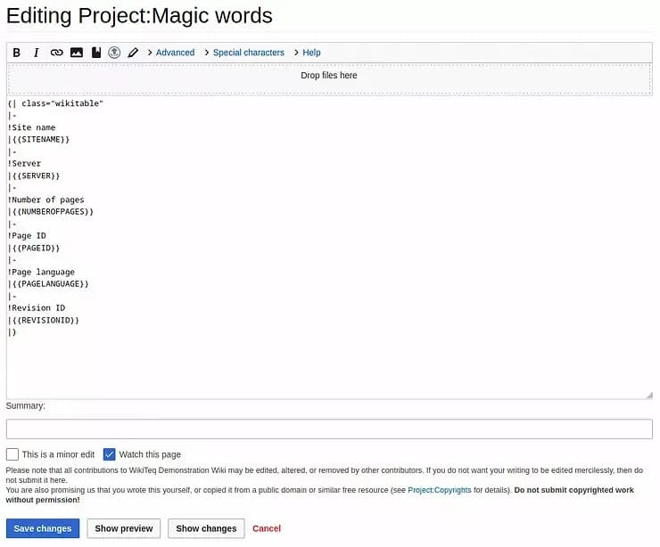 table with data using code and magic words in mediawiki