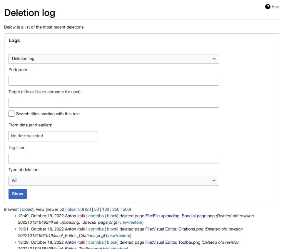 mediawiki deletion log