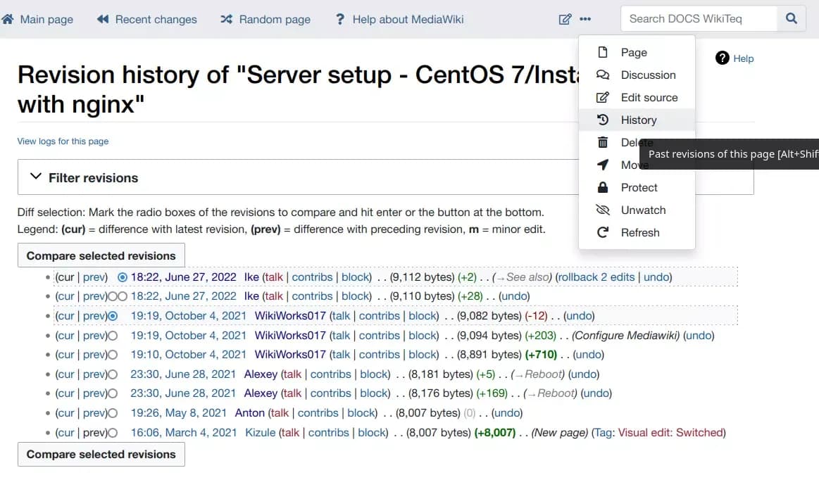 revision history of a mediawiki page