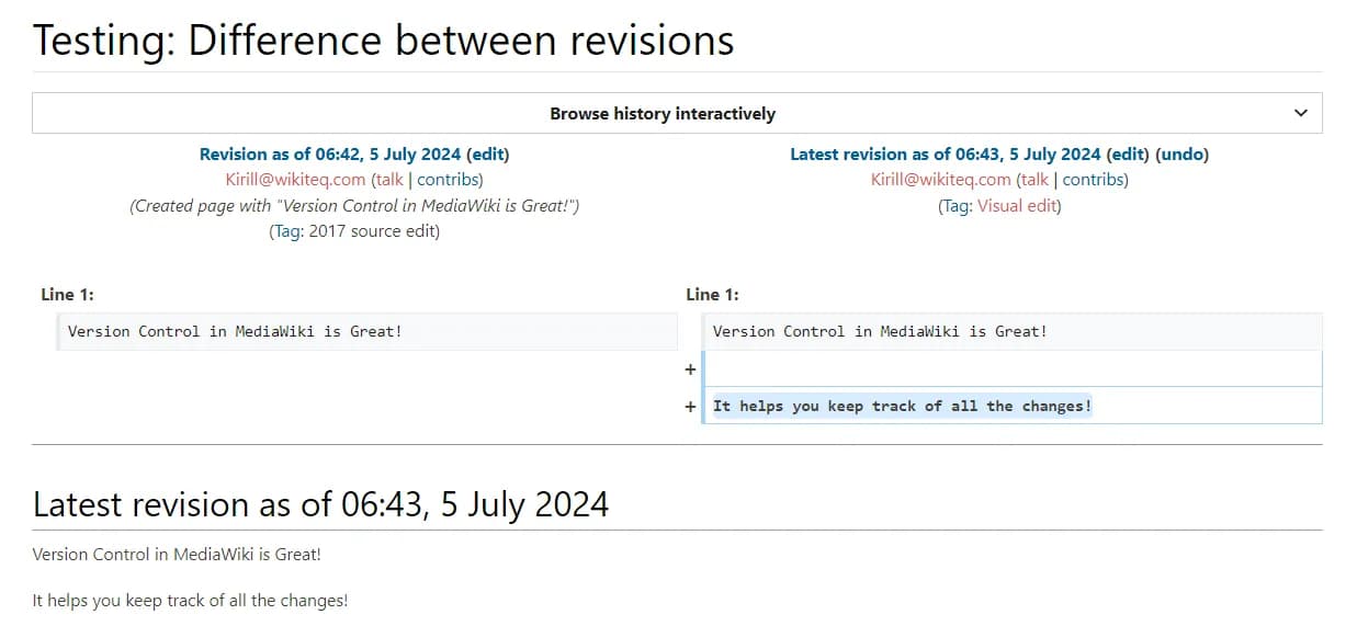 example of differences between page histories, mediawiki revisions