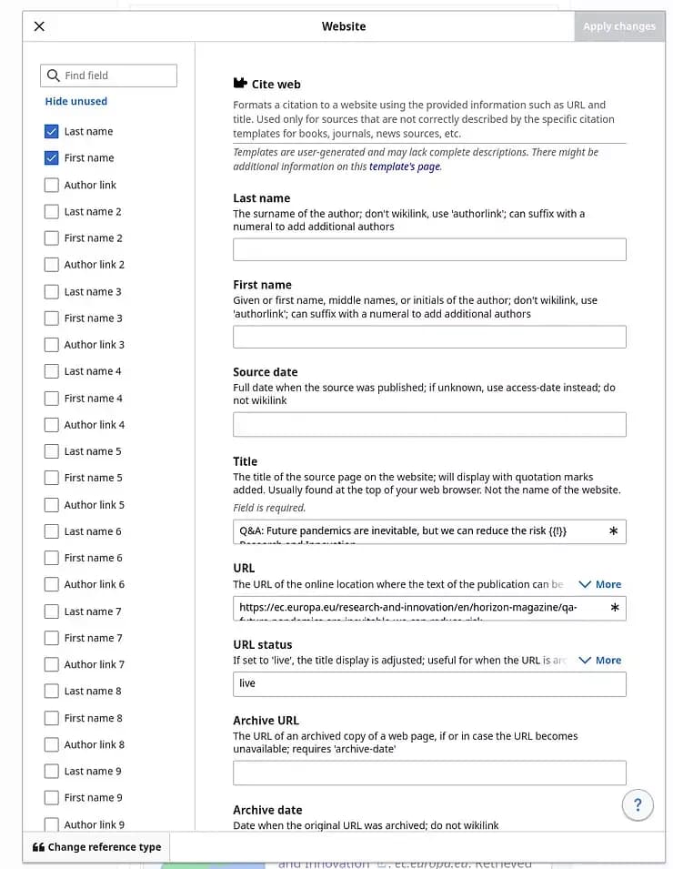 example of a template in visualeditor in mediawiki