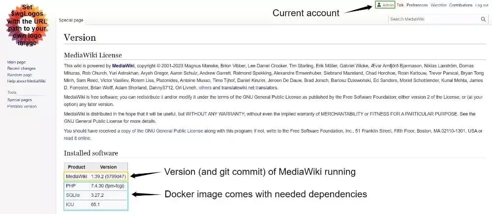 MediaWiki Special:Version page example