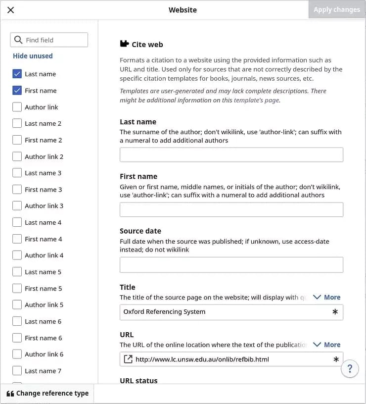 cite web template example