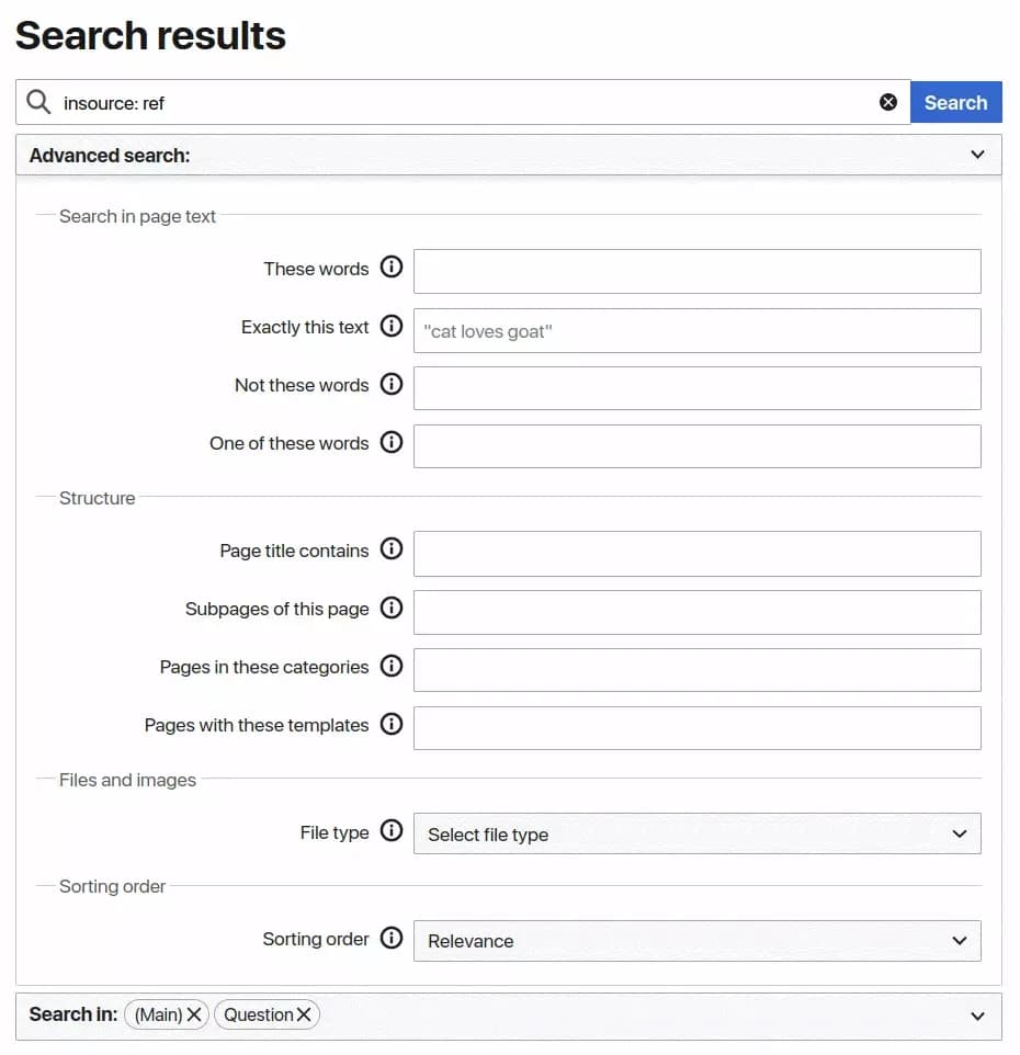 mediawiki advancedsearch for example
