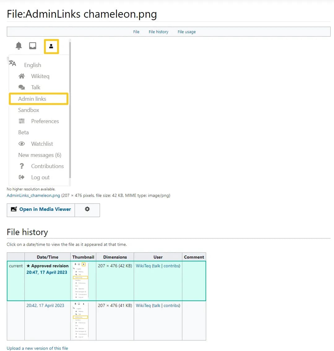 example of version control history for a file in mediawiki