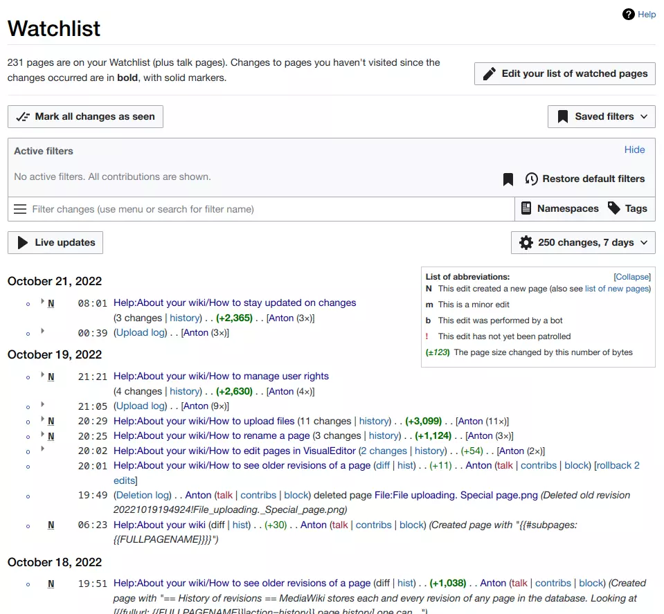 Example of wiki watchlist