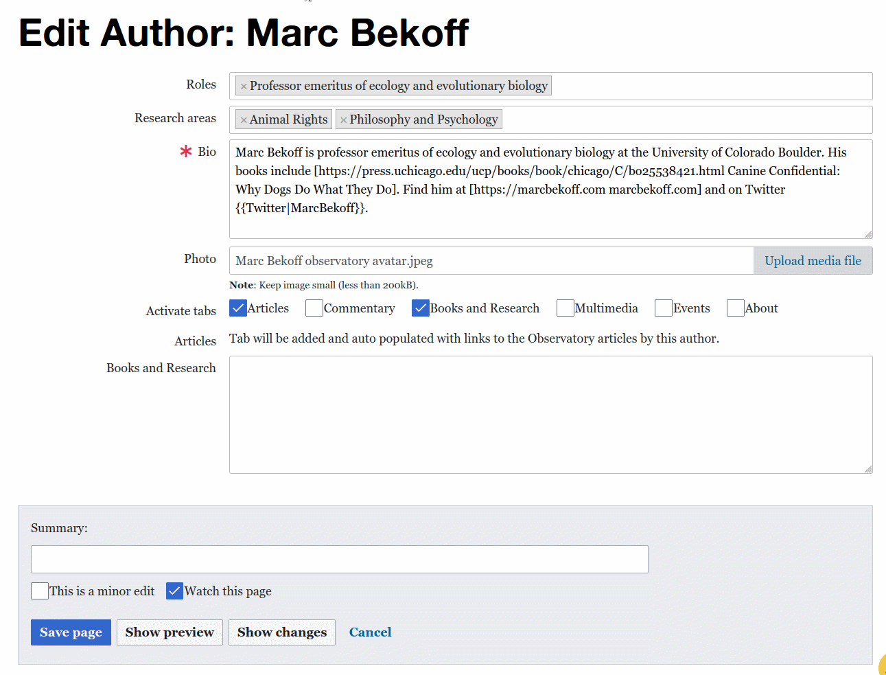 Example of MediaWiki Page Forms extension editing Author template with a page form