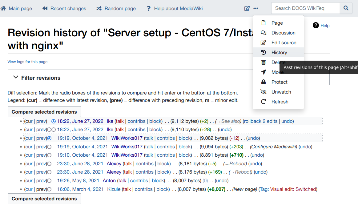 Example of history of revisions on MediaWiki