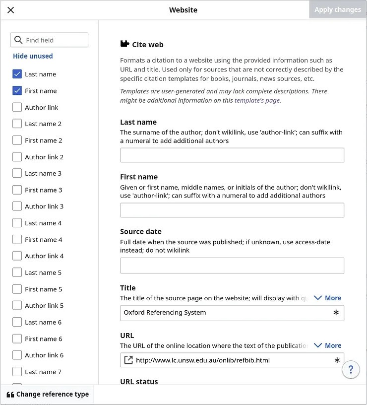 Cite web template input formate input form