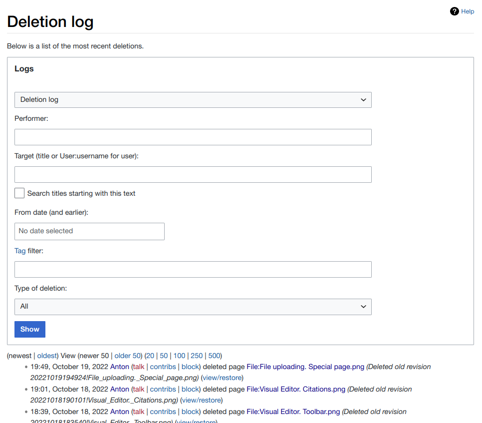 MediaWiki deletion log example