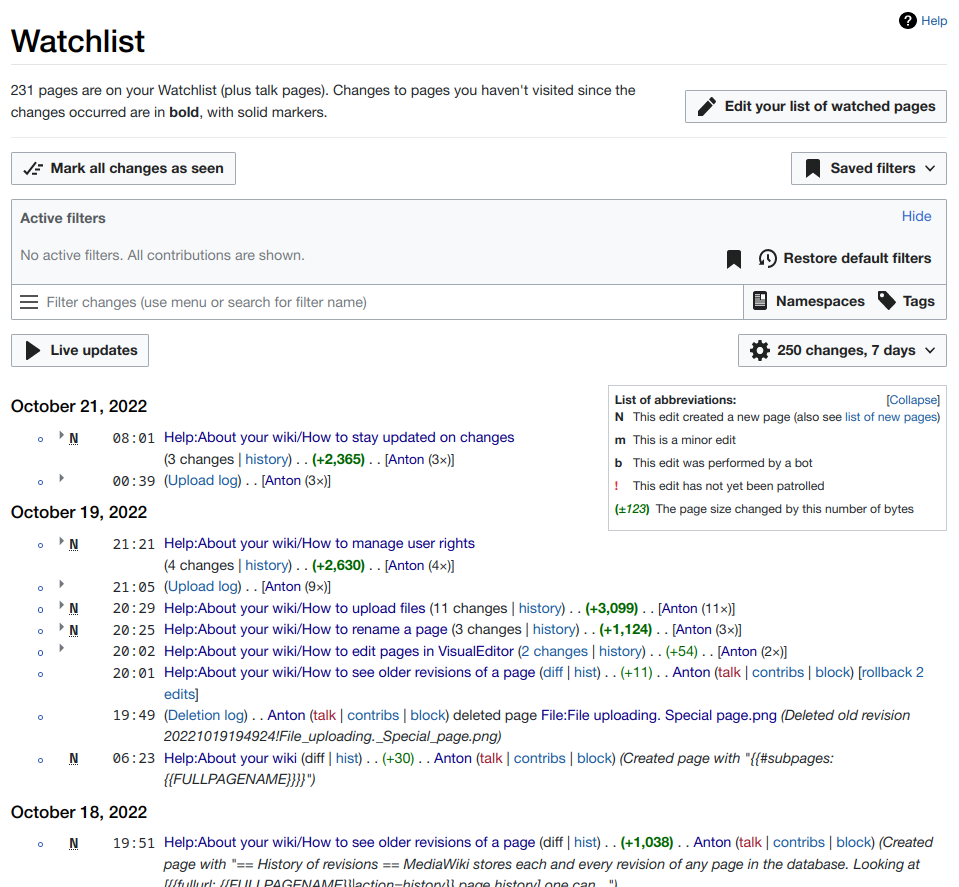 Example of wiki watchlist