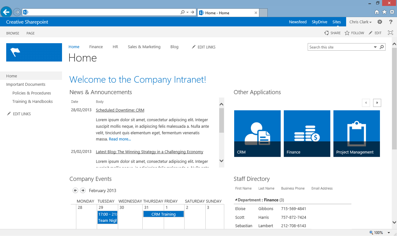 A typical SharePoint portal frontpage