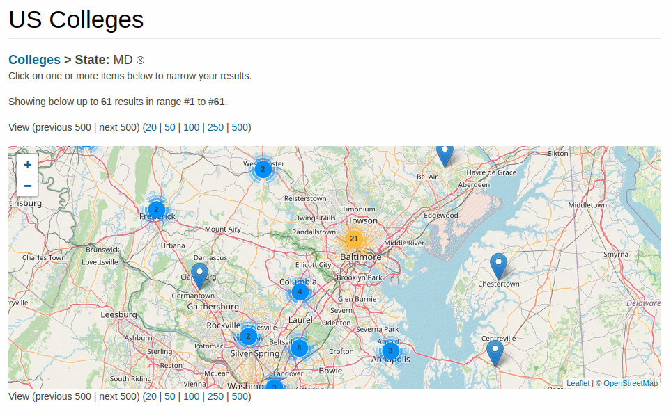 Semantic MediaWiki query displaying all the colleges in an area